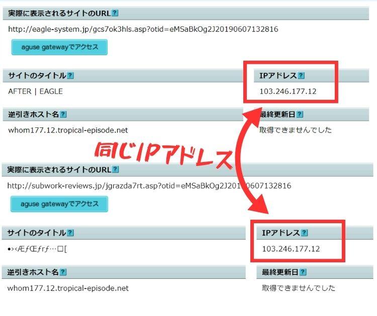 イーグルのサイトと口コミサイトのIPアドレスが一緒