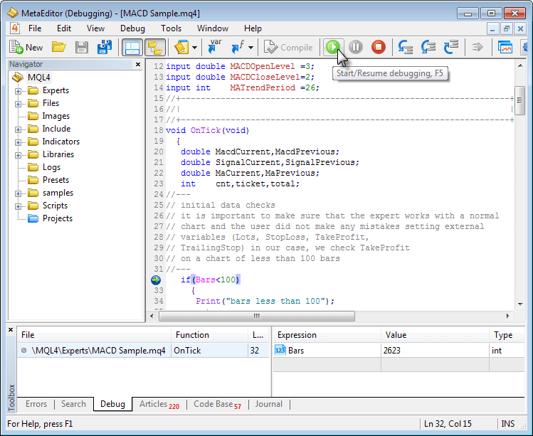 mql4のプログラミング画面