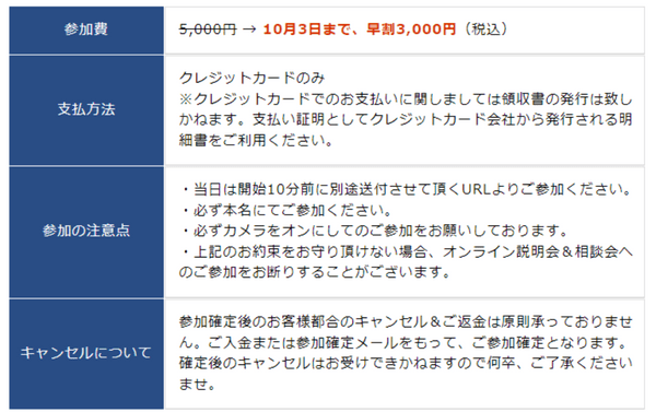 セミナーの参加費は3000円